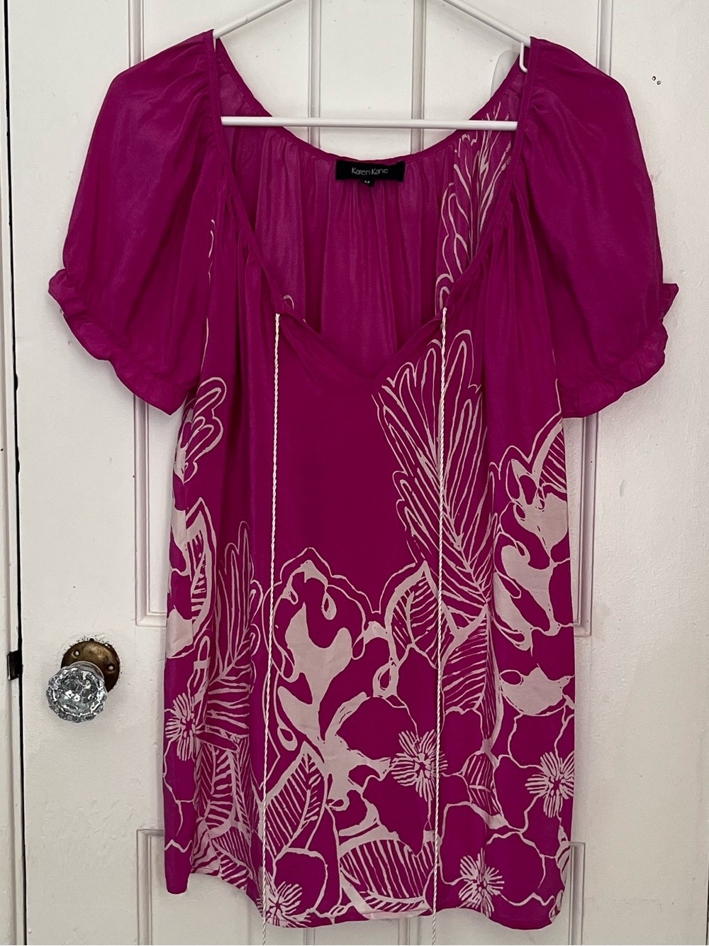 Karen Kane Vintage 100% Silk Fuchsia Pink Floral Puff-Sleeve Tunic Peasant Top